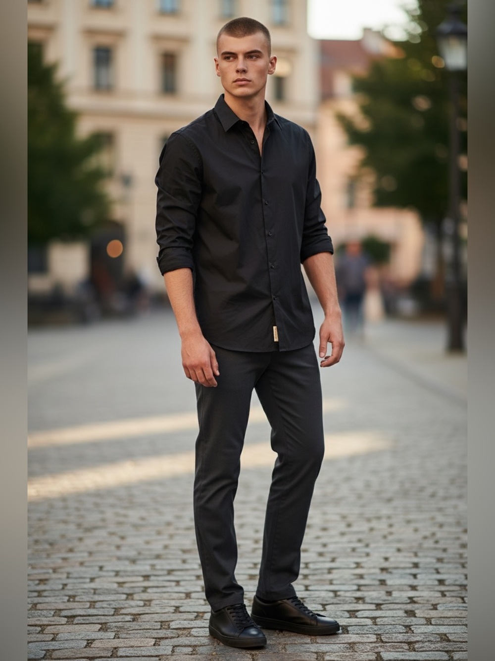 Men's Black Button-Up Shirt and Slim Pants Set